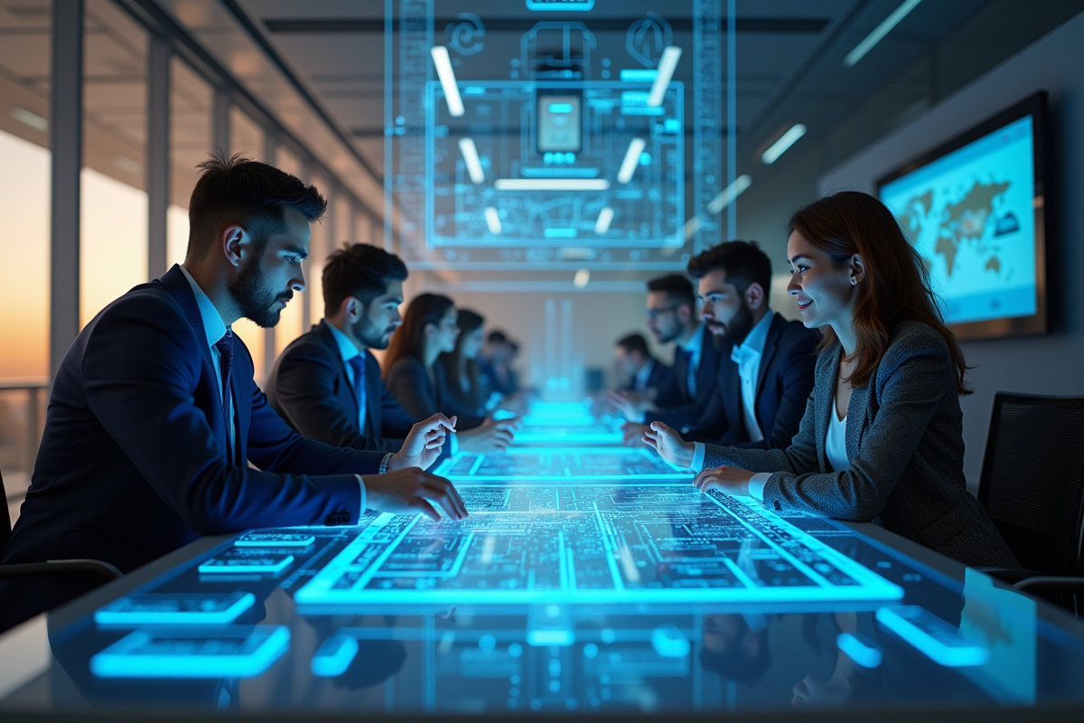 Equipe de professionnels collaborant autour d'une table holographique moderne