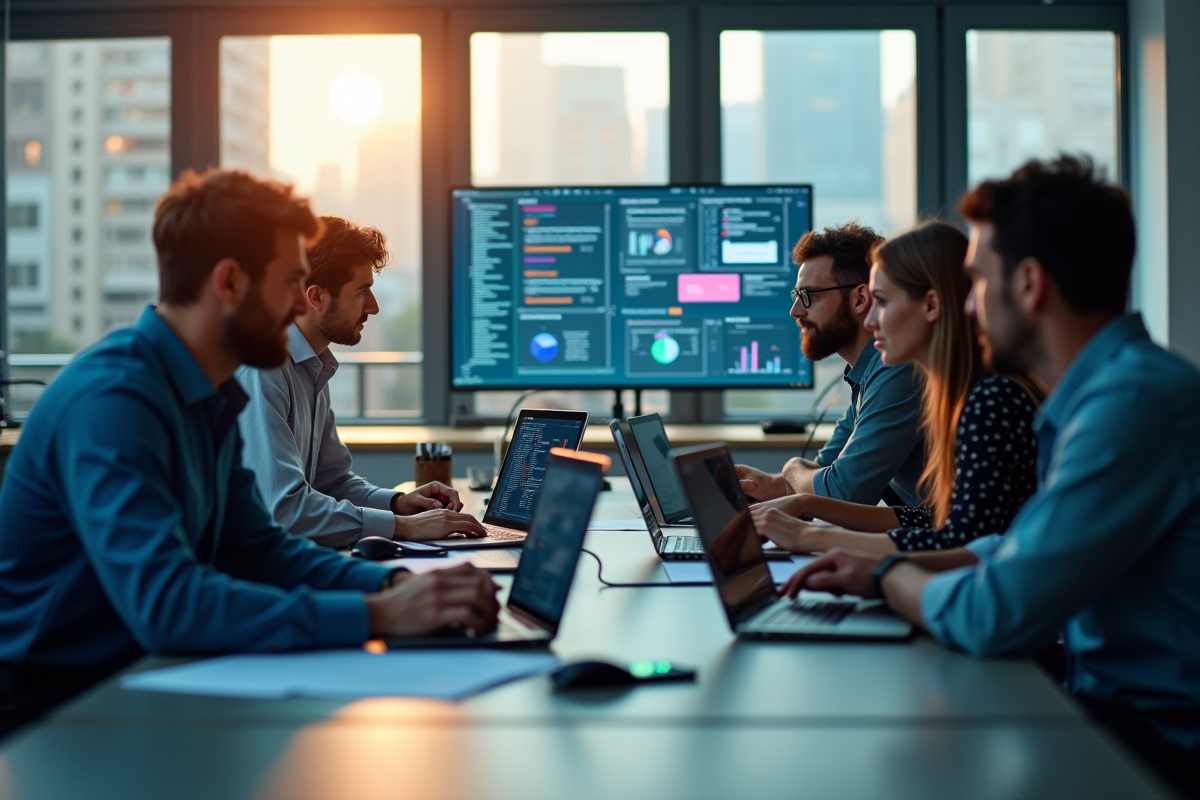 Groupe de professionnels IT collaborant en bureau moderne