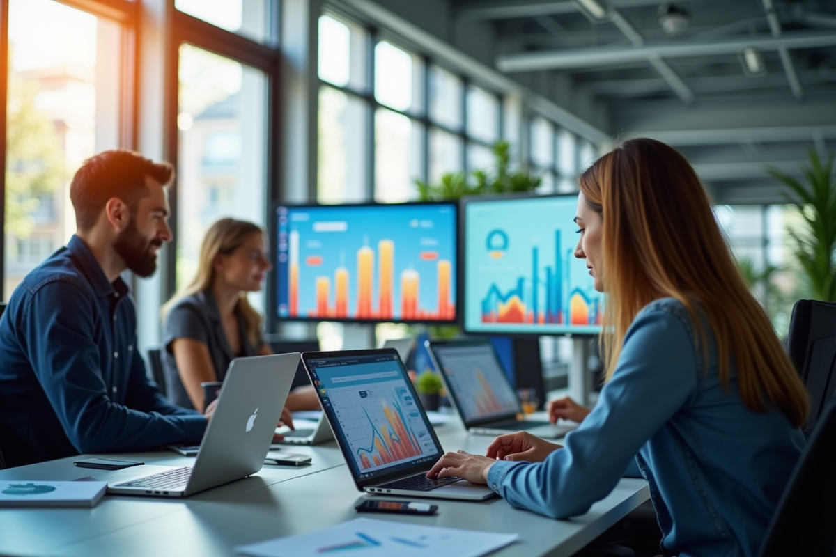 Equipe marketing analysant des graphiques kpi dans un bureau lumineux