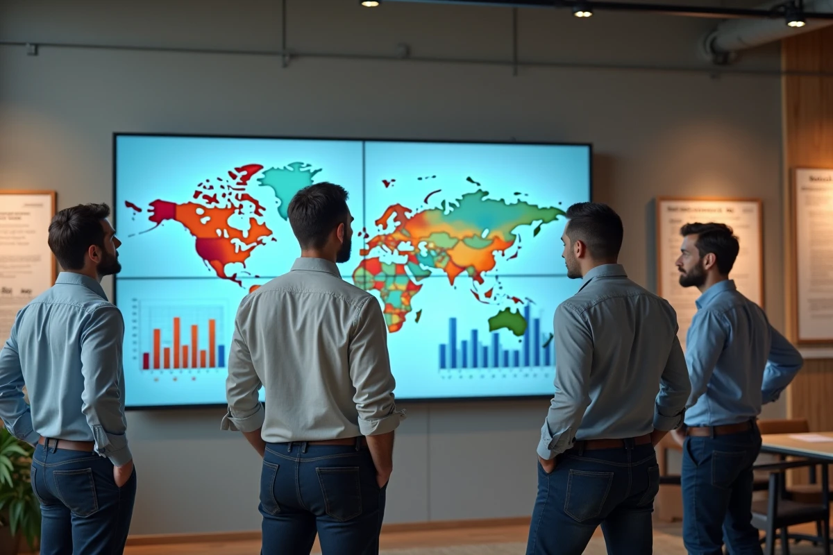 Équipe professionnelle étudiant des indicateurs économiques territoriaux sur un écran interactif en espace de coworking