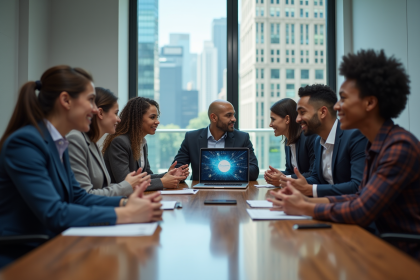 Groupe de professionnels en r&eacute;union dans un bureau moderne
