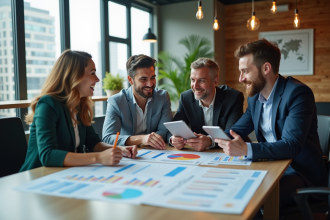 Groupe de professionnels analysant des graphiques de croissance