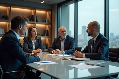 Groupe de professionnels en réunion dans un bureau moderne