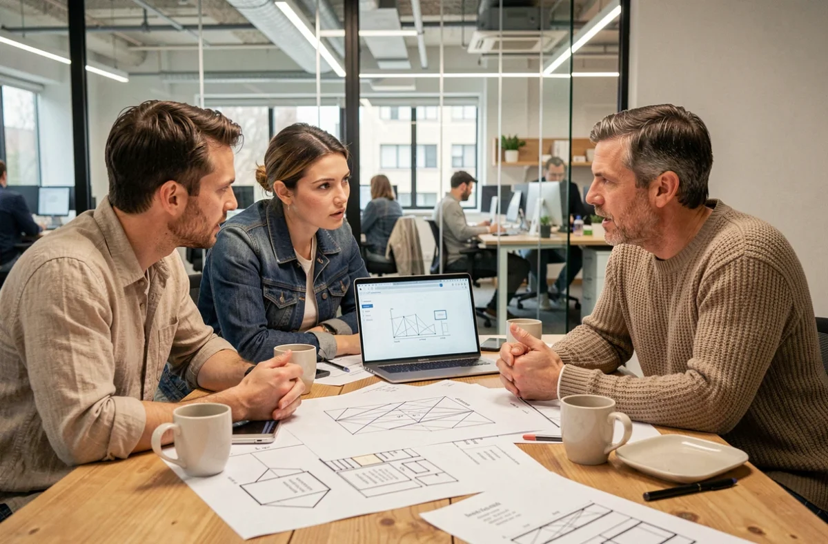 Équipe de fondateurs de startup discutant de la stratégie MVP autour d'une table couverte de prototypes et de wireframes