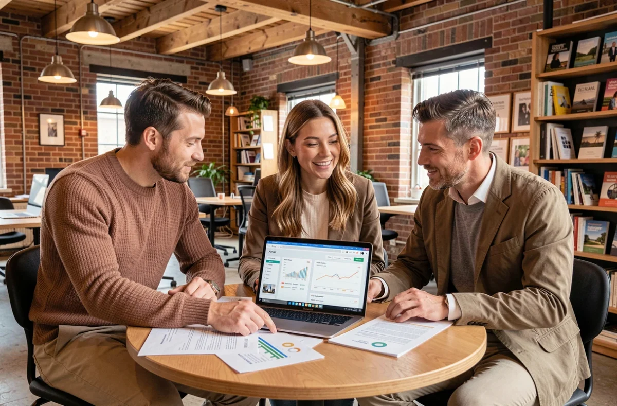 Équipe pluridisciplinaire discutant d'une stratégie de commerce connecté dans un espace de co-working