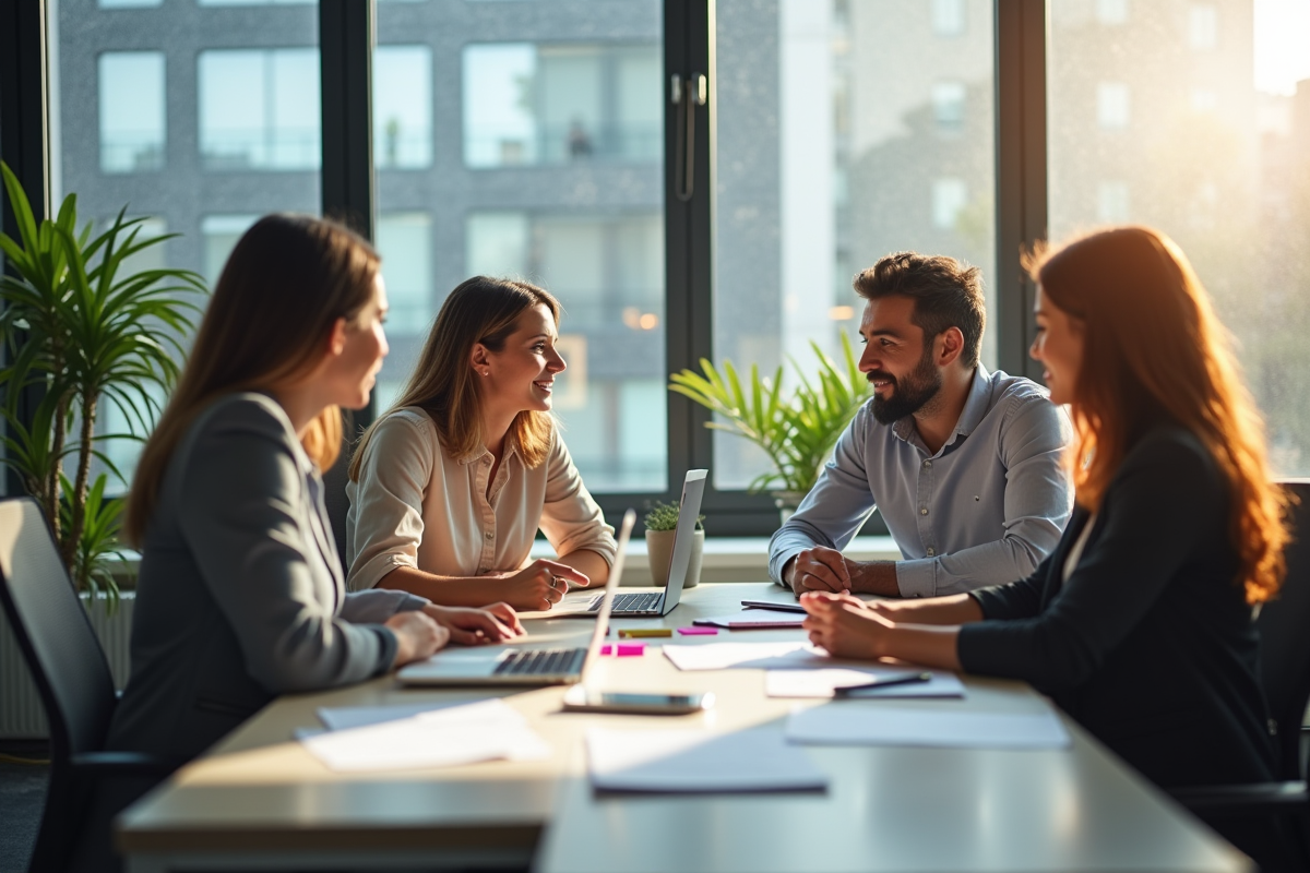 Professionnels en réunion stratégie marketing dans un bureau lumineux