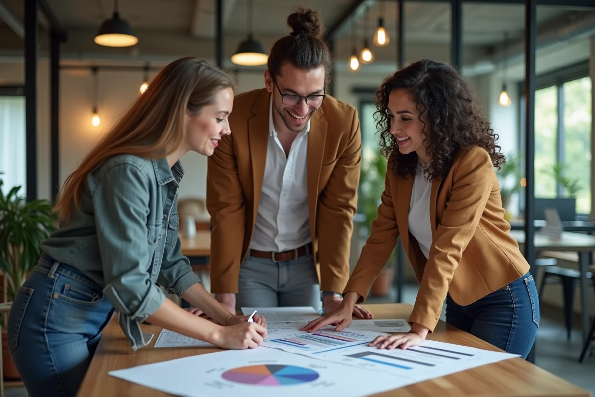 Équipe de professionnels discutant d'une stratégie de monétisation d'audience digitale autour d'un tableau de données dans un espace de coworking