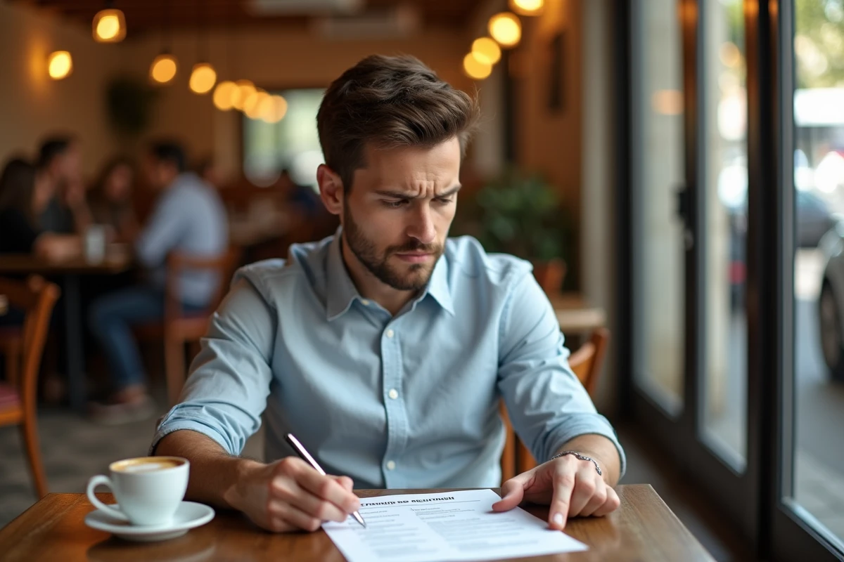 Jeune salarié en fin de CDD consultant une liste des erreurs fréquentes sur l'indemnité de fin de contrat dans un café parisien