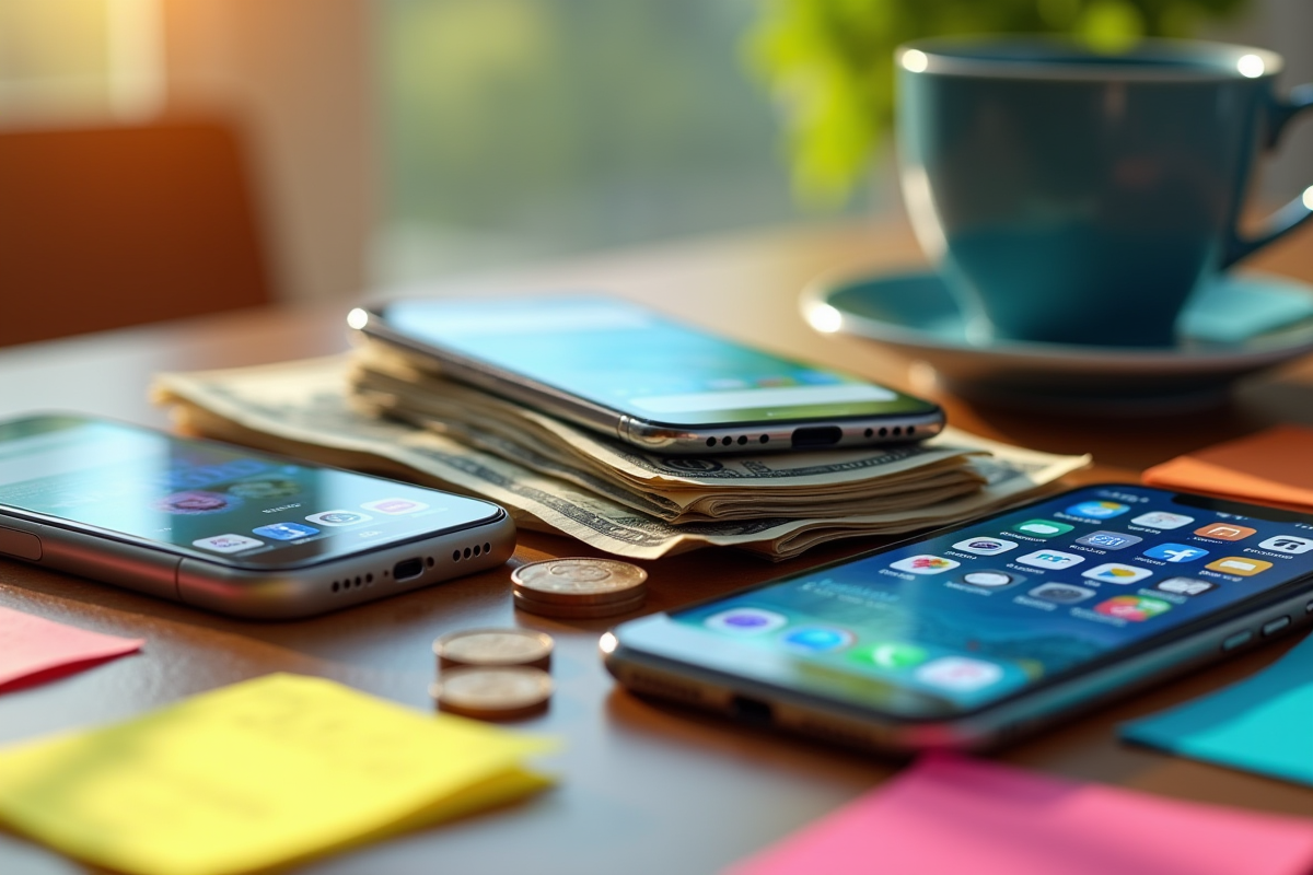 Espace de travail créatif avec smartphones et argent sur un bureau lumineux