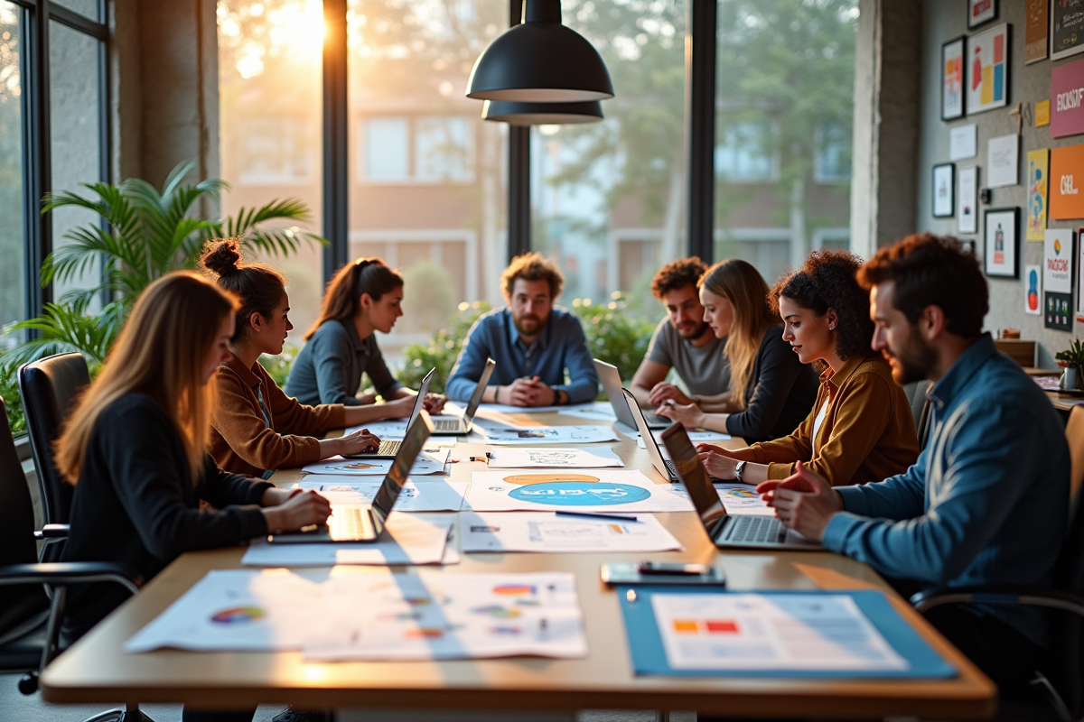 Espace de travail d'une agence créative avec équipe brainstorming