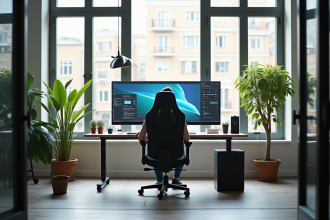 Espace de travail moderne avec mobilier ergonomique et grand écran