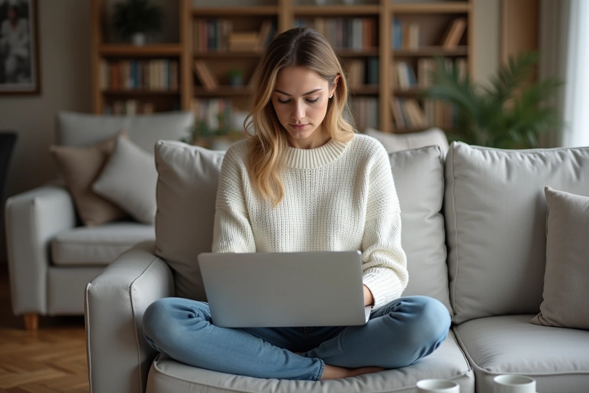 Jeune femme consultant les étapes de connexion à un extranet professionnel depuis son salon