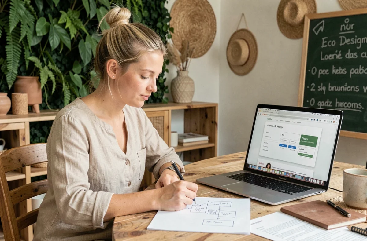 Designer UX/UI travaillant sur des maquettes d'éco-conception web dans une agence durable à Bordeaux