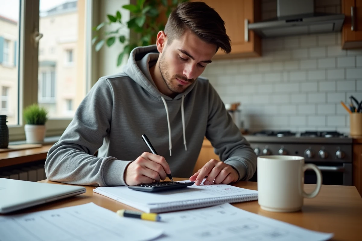 Étudiant stagiaire calculant sa rémunération mensuelle de stage avec une calculatrice et un cahier de notes à son domicile