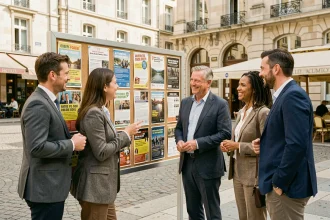 Groupe de professionnels consultant un panneau d'affichage avec des dates d'événements gratuits d'entreprises frenchy en ville