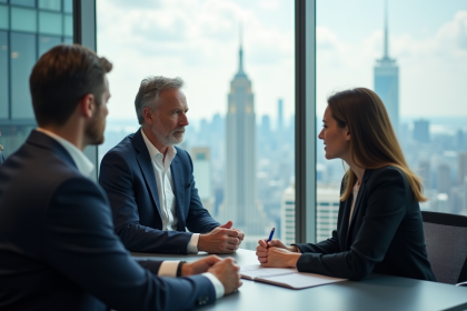 Cadre masculin en costume navy en discussion avec une coach féminine