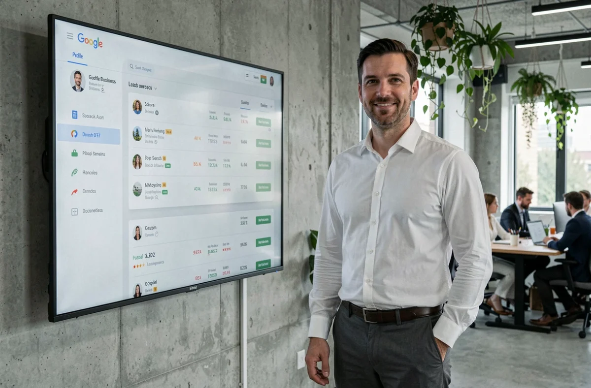 Expert en référencement local présentant un tableau de bord Google Business Profile avec des indicateurs de visibilité sur grand écran