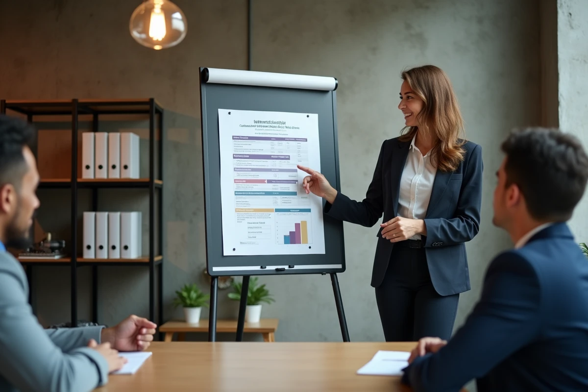 Professionnelle expliquant les barèmes légaux de rémunération de stage 2026 devant un tableau de présentation dans un espace de coworking