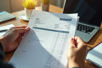 Main d'une personne d'affaires tenant une facture avec VAT sur un bureau ensoleille
