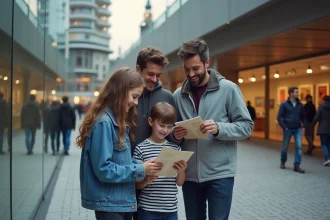 Famille devant un musée moderne en ville
