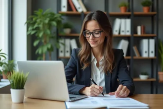 Femme d'affaires en bureau moderne avec ordinateur et documents