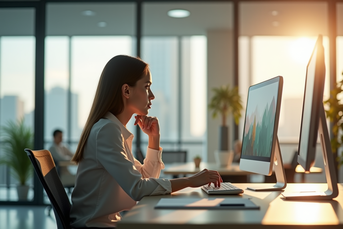Femme d'affaires pensant dans un bureau lumineux