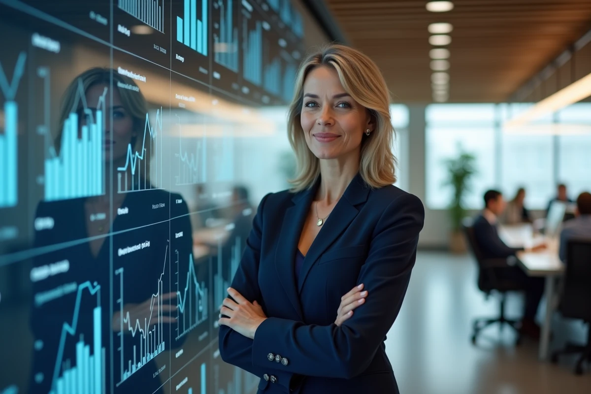 Femme d affaires debout pr&egrave;s d un mur avec graphiques et logos