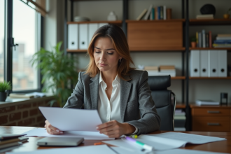 Femme d affaires en bureau lisant des documents