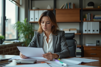 Femme d affaires en bureau lisant des documents