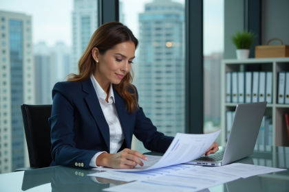 Femme d'affaires en costume regardant un devis au bureau