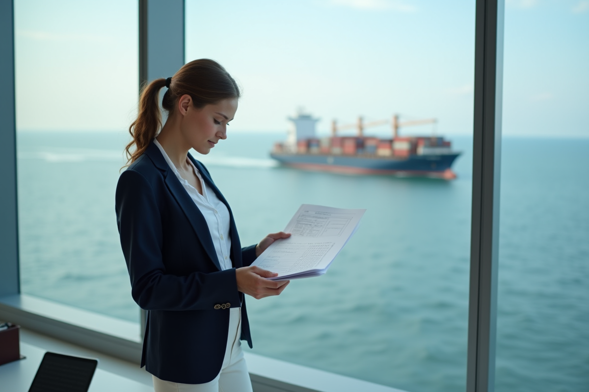 Jeune femme d affaires regardant un cargo en mer
