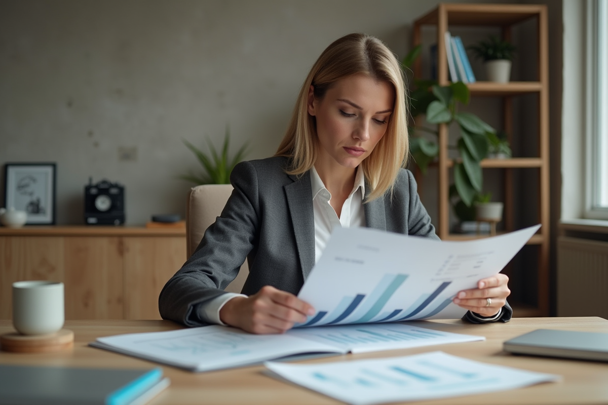 Femme confiante examinant un rapport de metrics en bureau