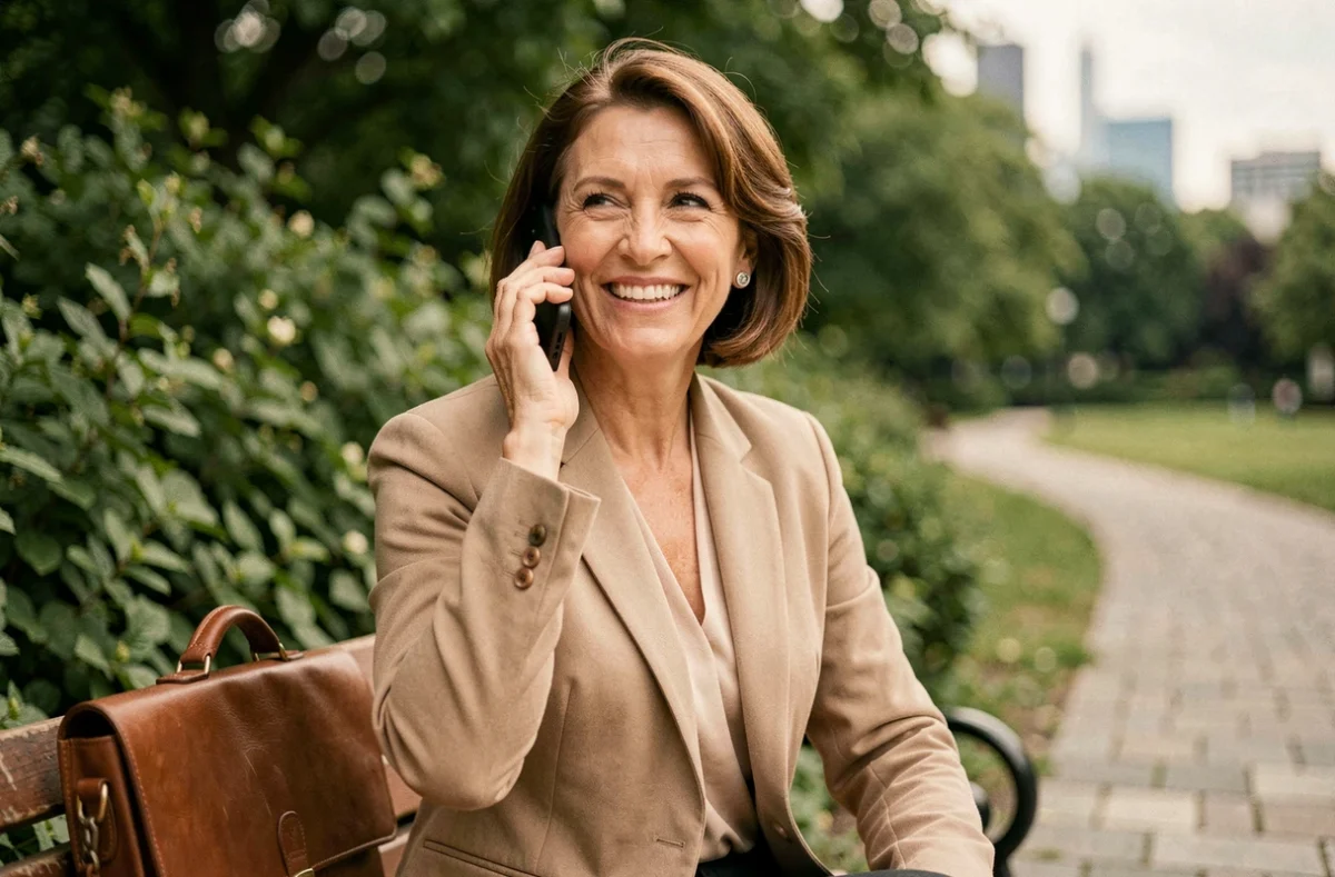 Femme souriante exprimant son intérêt pour un poste lors d'un appel téléphonique dans un parc urbain