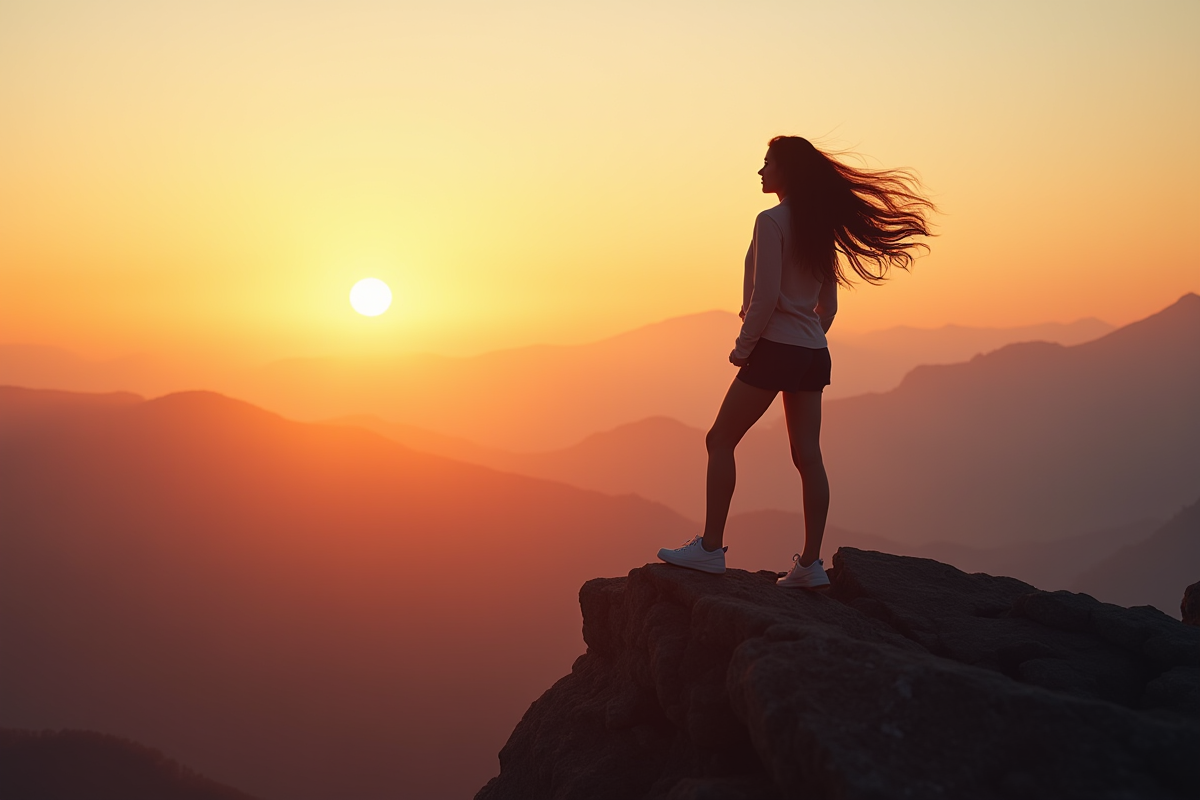 Jeune femme confiante au sommet de la montagne au lever du soleil