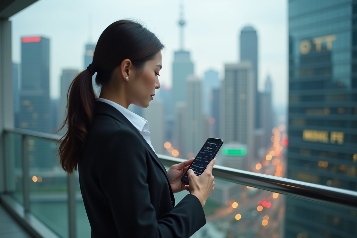 Jeune femme sur un balcon regardant la ville et les données boursières