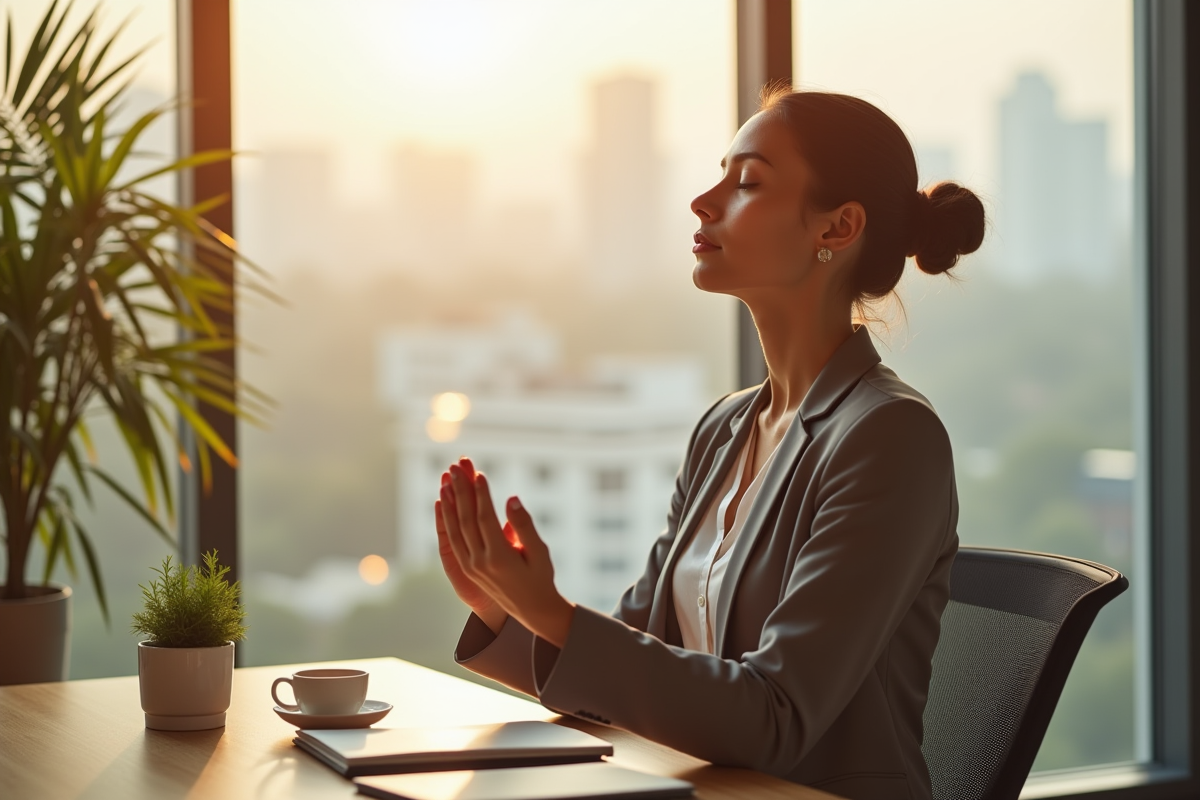 Femme d affaires respirant calmement au bureau