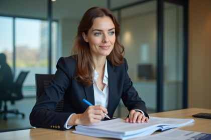 Femme professionnelle en bureau lisant des documents officiels