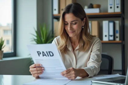 Femme d'affaires examine une facture pay&eacute;e au bureau