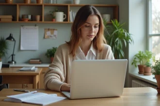 Femme travaillant sur un ordinateur dans un bureau lumineux
