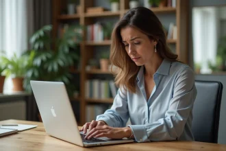 Femme d'âge moyen au bureau regardant son ordinateur avec inquiétude