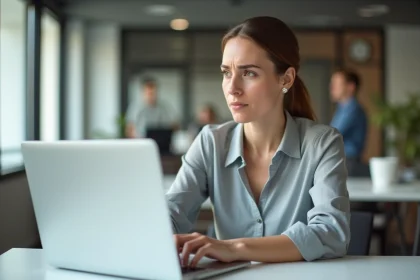 Femme au bureau face à un écran d'ordinateur portable cherchant à récupérer son mot de passe extranet a2micile