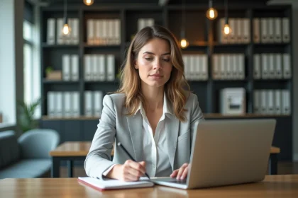 Femme au bureau prenant des notes sur son ordinateur