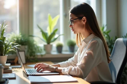 Femme en bureau moderne utilisant un ordinateur portable