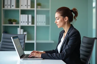 Femme d affaires travaillant sur un ordinateur portable en bureau moderne