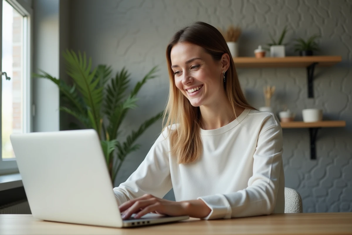 Femme souriante dans un bureau moderne utilisant une plateforme de construction