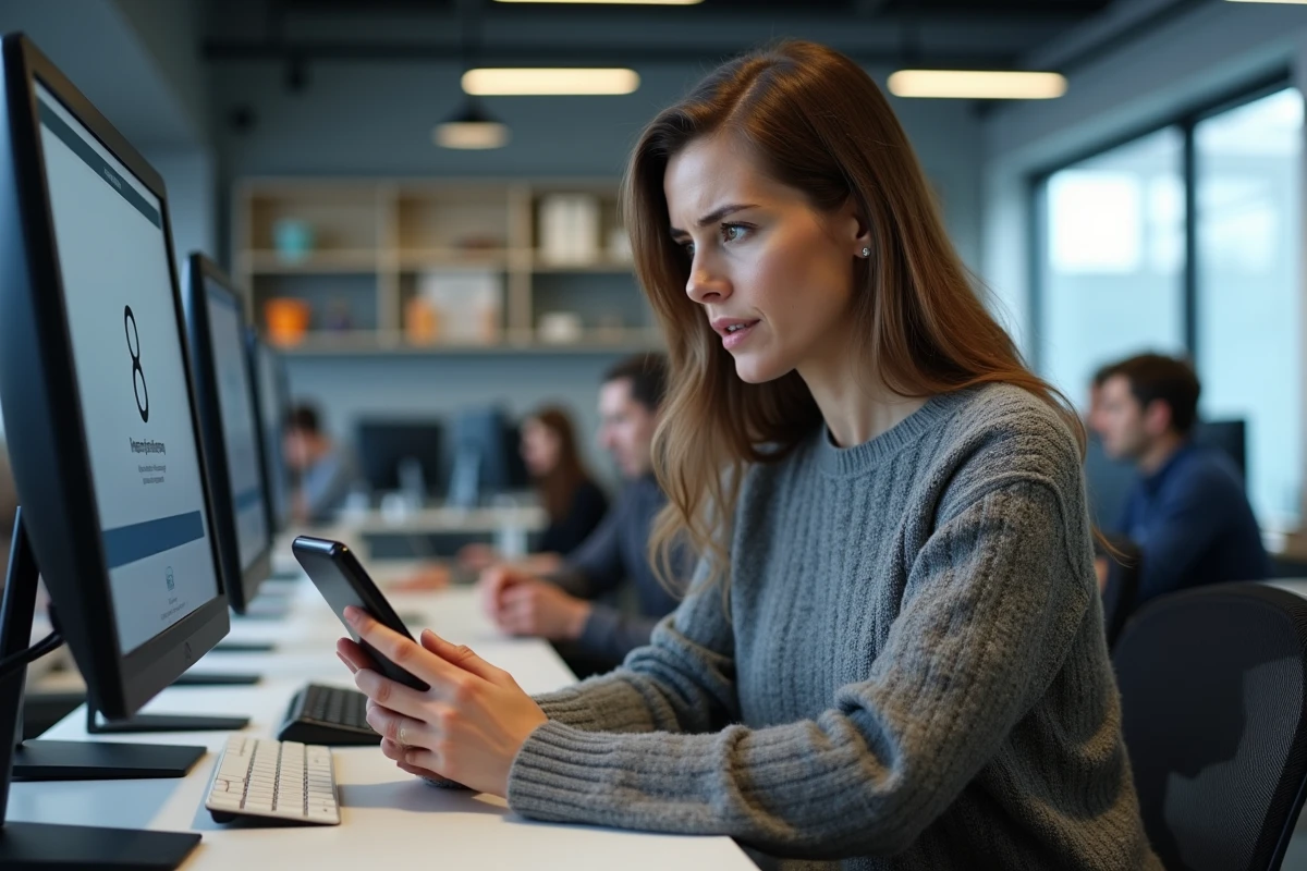 Femme au bureau vérifiant son téléphone face à un problème de connexion sur son ordinateur professionnel