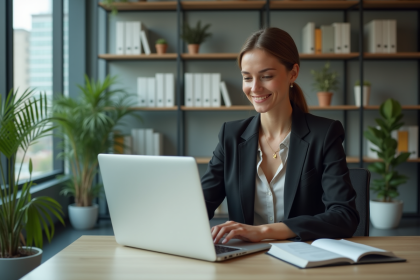 Femme en tenue professionnelle travaillant sur un ordinateur dans un bureau moderne