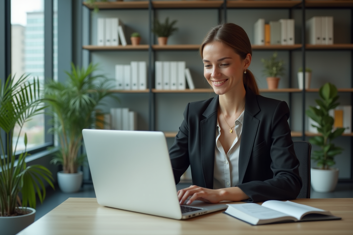 Femme en tenue professionnelle travaillant sur un ordinateur dans un bureau moderne