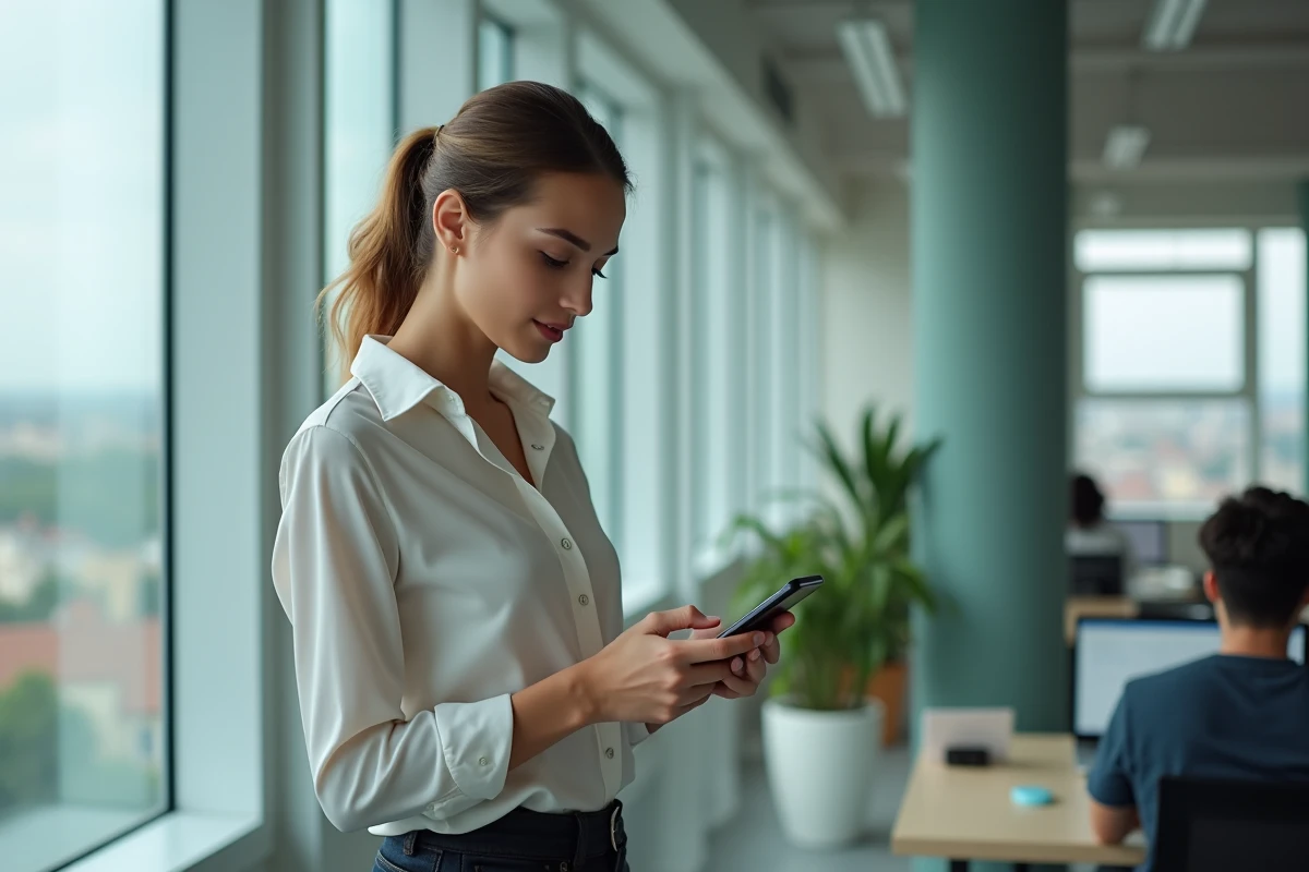 Jeune femme vérifiant ses emails sécurisés au bureau