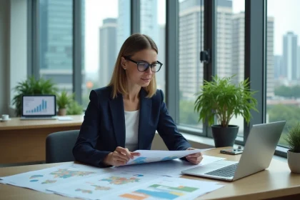 Femme cadre analysant des cartes économiques territoriales et des indicateurs locaux sur son bureau en open space